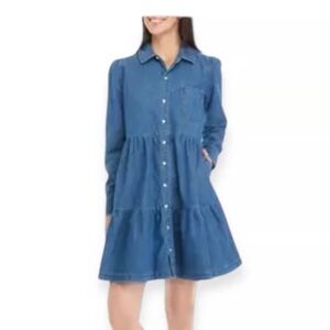 Blue medium wash denim tiered dress, cotton with pockets! PXL